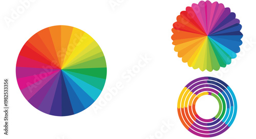 Various color wheel diagrams including full circles and ring structures for color theory and graphic design education on a white background.