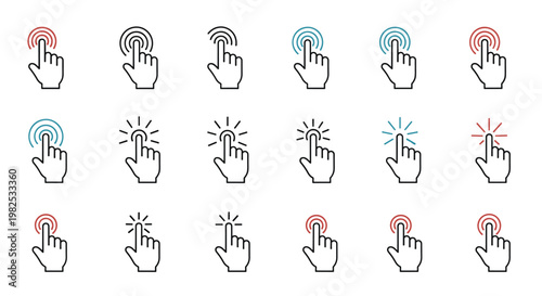 Large grid of eighteen hand pointer icons with different clicking and touching symbols in various colors for interactive user interface design projects.