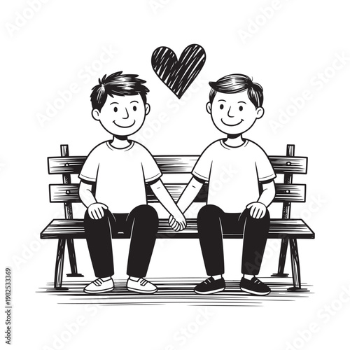 Two young men sit closely on a park bench holding hands with a heart floating above them