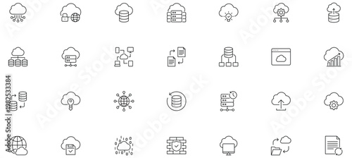 Cloud hosting line editable icon set. Containing cloud storage, cloud computing, data backup, cloud server, file sync, and more. Editable stroke.