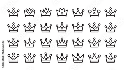 Set of black outline crown icons on transparent background for royal design projects and logotypes.