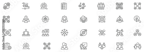 Cross functional line editable icon set. Containing collaboration, teamwork, cooperation, synergy, training, project, management, and more. Editable stroke.