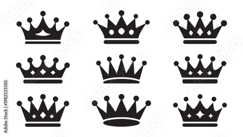 Symmetric black crown silhouettes with pointed tips and circular accents for modern royal branding.