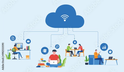 business people working connecting with online cloud computing servers. business technology cloud computing service connection. business smart working online connect anywhere concept. flat vector
