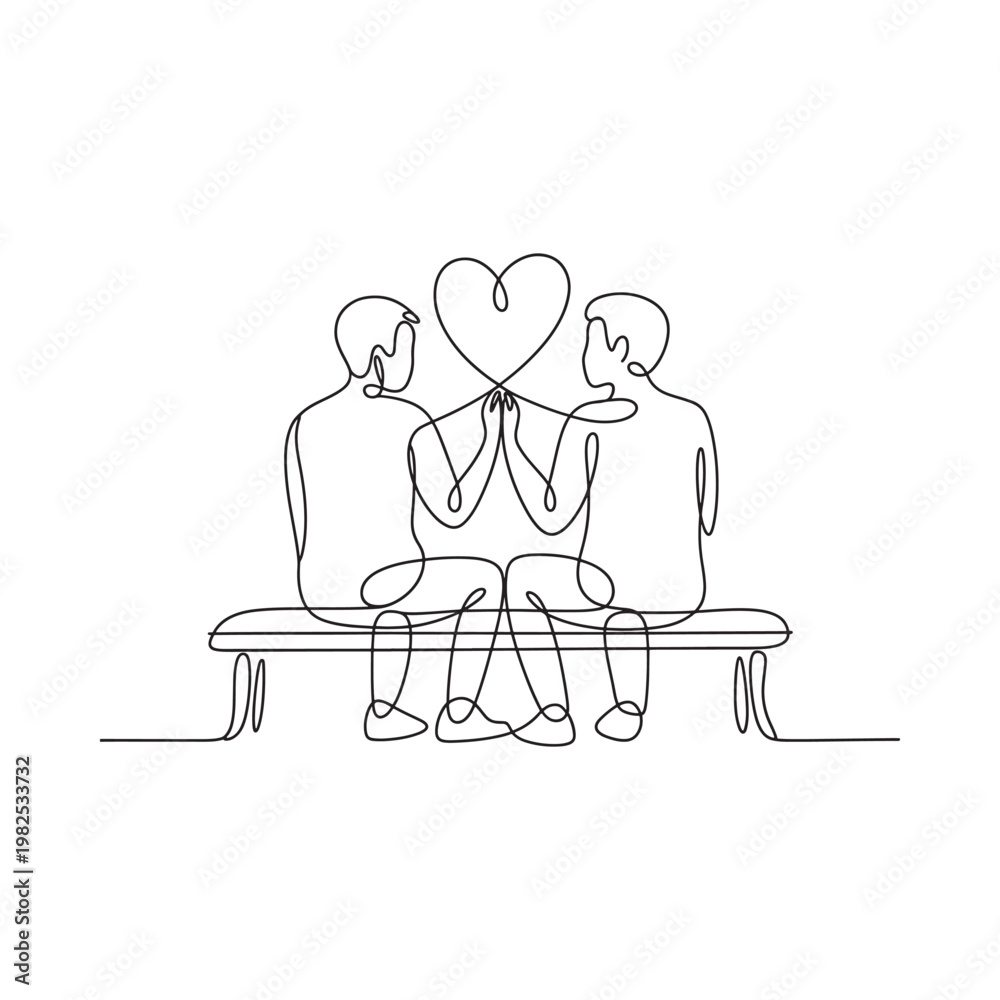 Fototapeta premium A minimalist line drawing depicts a couple embracing with a heart shape floating above their joined hands