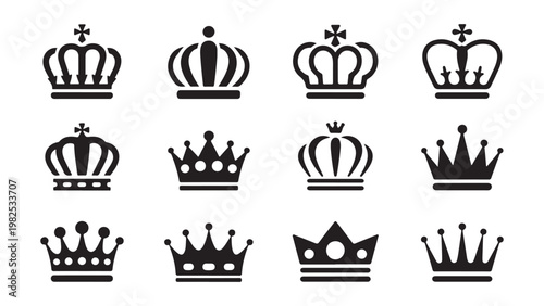 Set of royal crowns icons in flat style. Collection of isolated king and queen headwear elements vector.