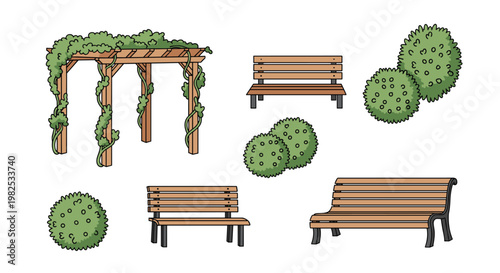 Charming collection of park furniture including a wooden pergola with climbing vines, classic wooden benches, and lush rounded topiary bushes for parks.