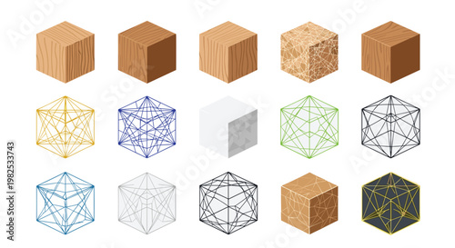 Collection of fifteen isometric cube variations featuring diverse surface textures, intricate wireframe structures, and geometric patterns for design.