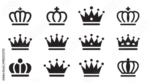 Set of black crown icons. Different shapes and styles of regal headwear collection. Vector.