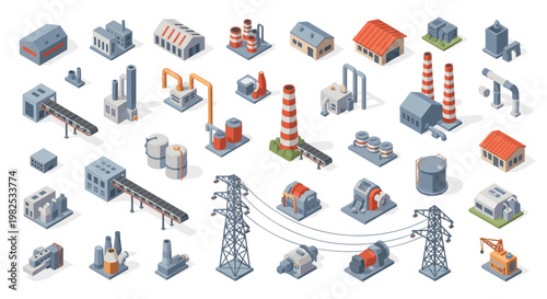Extensive collection of isometric industrial elements including factory buildings, conveyor belts, storage tanks, and power pylons for infrastructure.