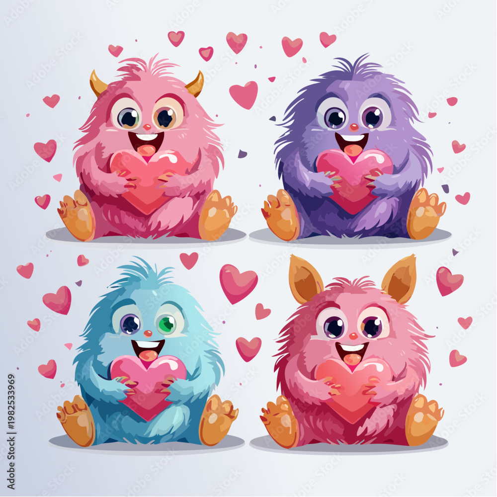 Fototapeta premium Cute Fluffy Monster Character Set Holding Heart Cookies Valentine Illustration Vector Graphic