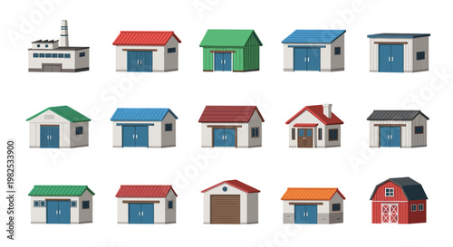 Diverse set of fifteen small storage sheds garages and industrial buildings with varied roof colors and door styles in an isometric grid display.