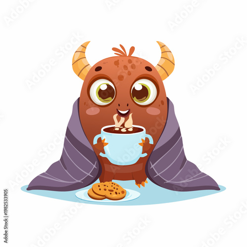 Adorable Cookie Monster Vector Illustration Cozy Monster Drinking Hot Cocoa with Blanket and Cookies