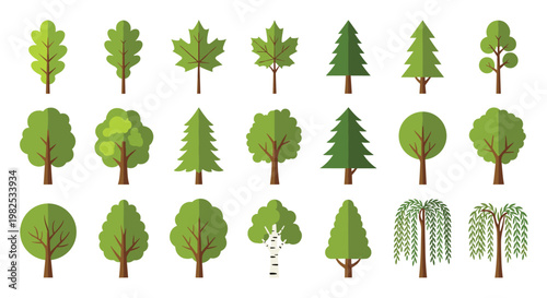 Extensive collection of twenty-one different tree types including weeping willows and oaks arranged in a grid with flat shading on white background.