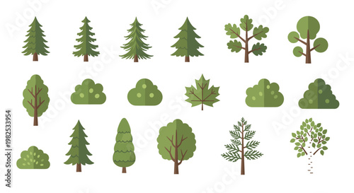Comprehensive collection of various trees and bushes including conifers and deciduous plants depicted in a flat minimalist vector style on white.