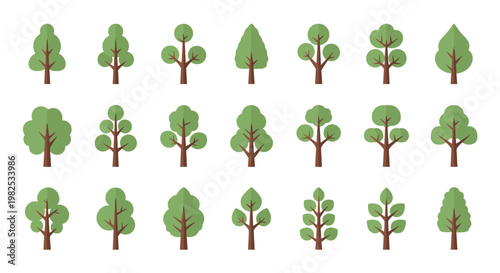 Uniform grid of eighteen stylized green trees with diverse leaf shapes and trunk structures presented in a flat minimalist design on white background.
