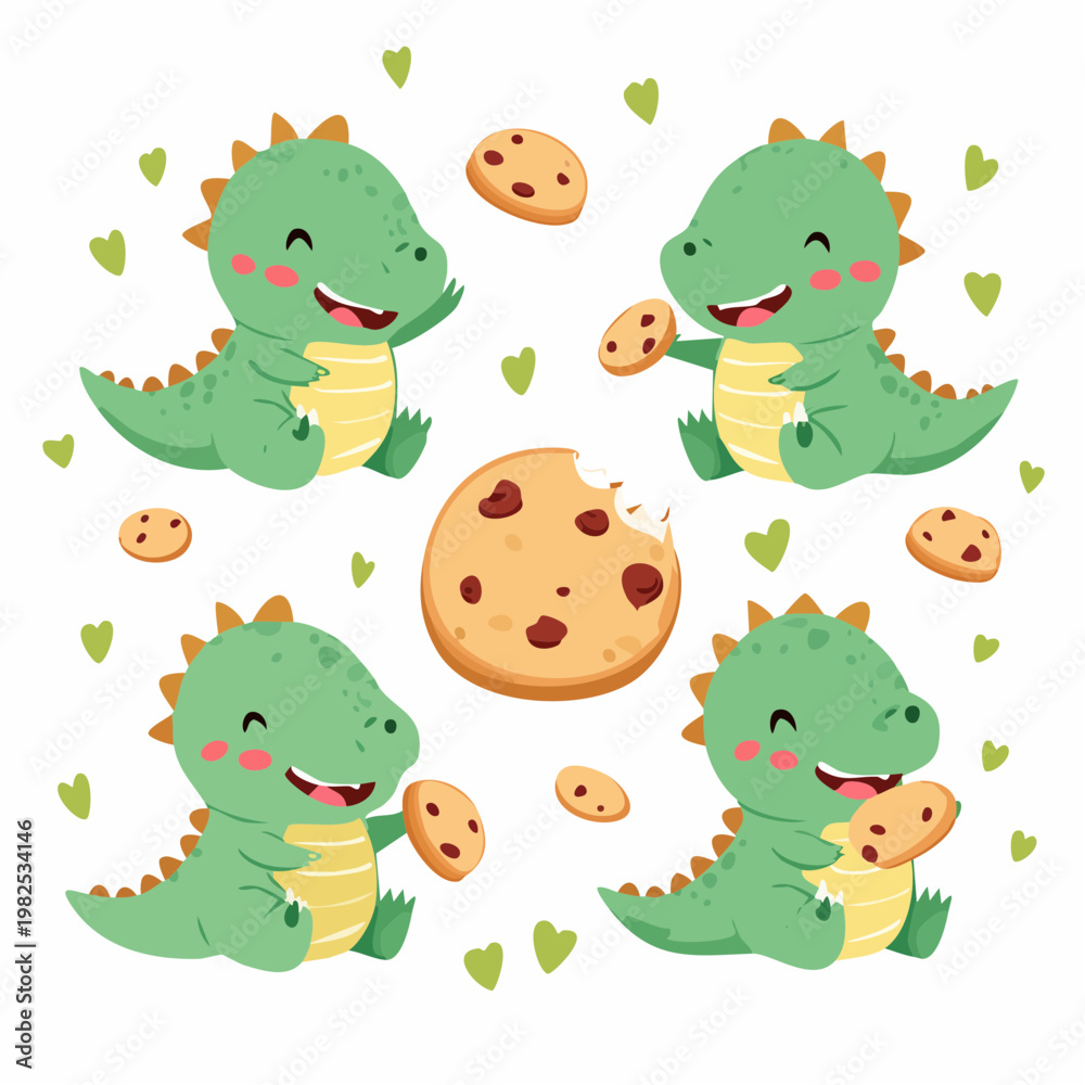 Obraz premium Adorable Green Baby Dinosaur Eating Chocolate Chip Cookies Illustration Vector Design Element Set