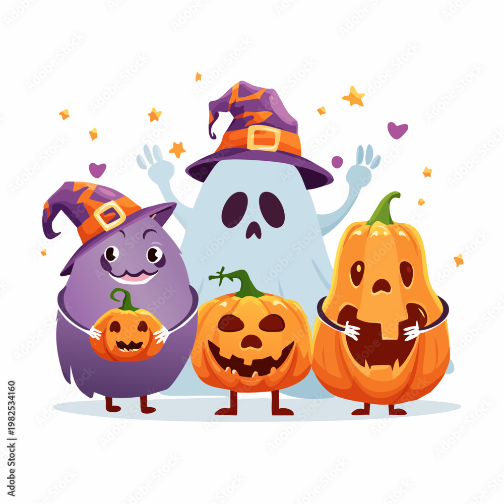 Naklejka premium Cute Spooky Halloween Cookie Monster Vector Illustration with Ghost Pumpkin and Witch Hat Characters