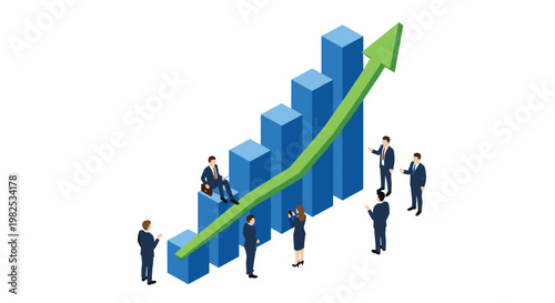 Dedicated team of professionals analyzes a large rising bar chart with a prominent green arrow indicating significant upward growth and business success.