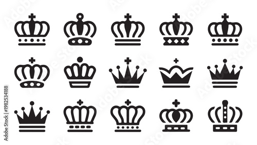 Various royal crown icons in flat design style. Set of king and queen headwear symbols. Vector.