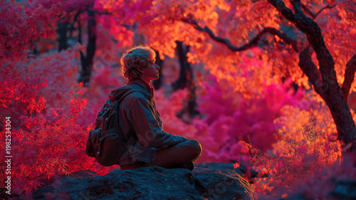 Man practicing meditation alone in autumn park for mental health and inner calm focus