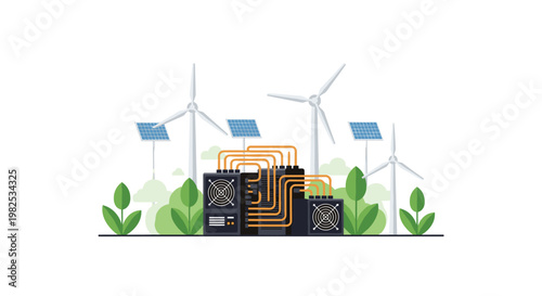 A green energy setup features wind turbines and solar panels with server racks connected by orange cables in a lush garden setting with natural colors.