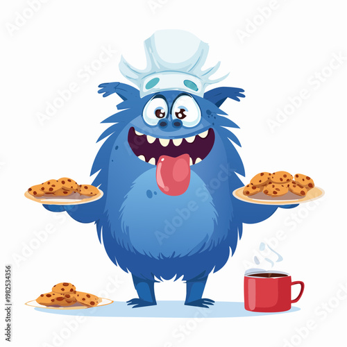 Funny Blue Monster Baker Holding Cookie Trays Graphic Design Illustration Vector Character