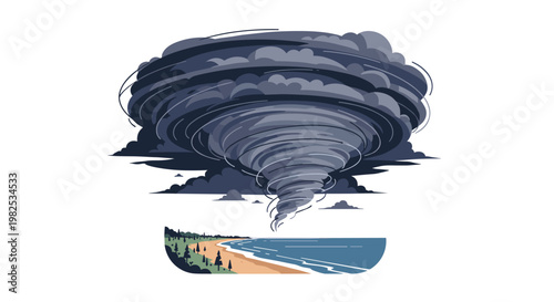 Massive dark grey tornado swirling above a calm coastline with a sandy beach and green trees on the horizon in a dramatic weather illustration on white.