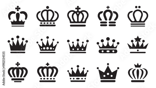 Crown icons set for royal emblem or luxury branding projects with different king and queen designs.