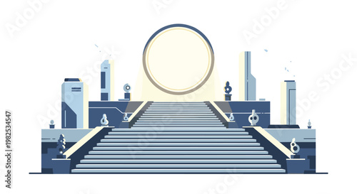 Grand architectural staircase leading up to a large circular portal flanked by minimalist pillars and decorative urns on platforms in a futuristic setting.