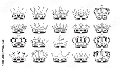 Detailed vintage crown line art illustrations for antique heraldry and sophisticated royal emblems.