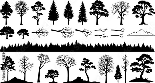 Tree and forest silhouettes - Vector illustration collection of trees and wilderness objects to create your own nature scene.
