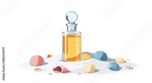 Glass perfume bottle with a round stopper sitting on a patch of white sand surrounded by various colorful seashells on a clean isolated white background.