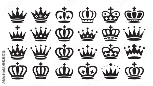 Set of black crowns on transparent background, king, queen and prince crowns collection.