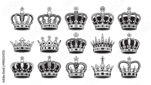 Set of gray crowns on transparent background, king, queen and prince crowns collection.