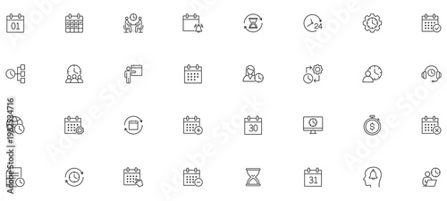 Date Management icon set. Containing schedule, calendar, planning, time, hourglass, stopwatch, alarm, clock and more. Editable line icons.