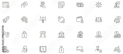 Dollar currency sign icon set. Finance, money, payment, banking, investment, price, bank, earning icons. Thin line editable stroke vector illustrations