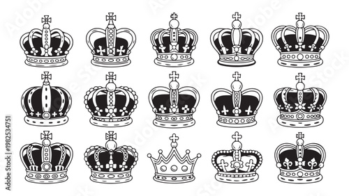 Collection of royal crowns symbols isolated on white background, heraldic emblems for luxury.