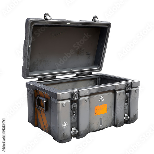 Exploration Event, Sci-Fi Cargo Box, Futuristic Setting, 3D Render, Industrial Environment, Side View, Technology Concept