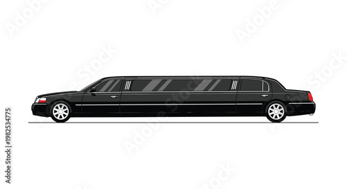 Classic black luxury limousine is shown in a side profile view featuring polished wheels and a long elegant body frame in a professional vector illustration.