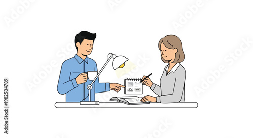 A male and female professional collaborate at a desk, reviewing data charts and taking notes under a lamp light in a clean, minimalist vector style.