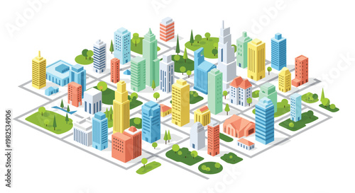 Isometric urban landscape features diverse pastel buildings and green park patches arranged in a meticulous grid layout against a crisp white background.