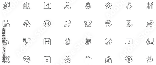 Employee Benefits icon set. Containing health insurance, pension, reward, bonus, social security, mental, motivation, opportunity, paid vacation, and more. Editable stroke.