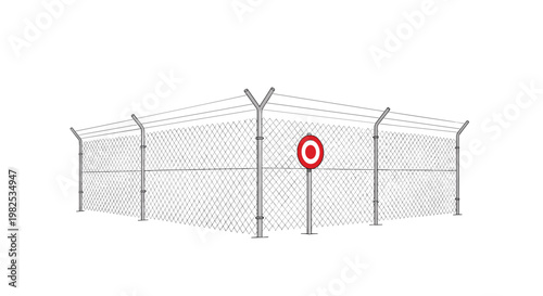 A sturdy chain-link fence corner features sharp barbed wire along the top and a prominent red circular target sign attached to the metallic mesh structure.