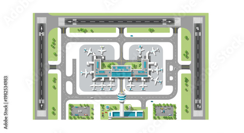 A detailed top-down view of a symmetrical airport layout features long runways, parked airplanes at gates, and a central terminal building with green trees.