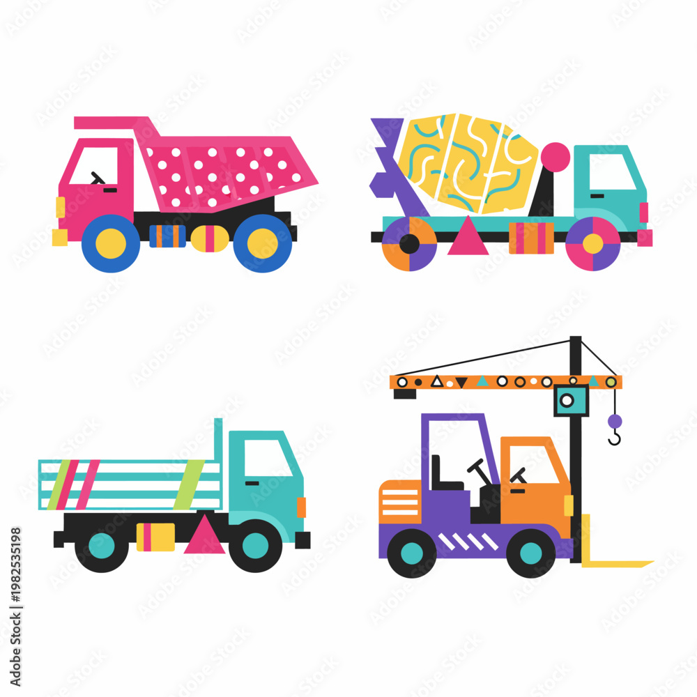 Fototapeta premium Bright and playful cartoon construction and utility vehicles vector illustration set. Includes dump truck, cement mixer, flatbed truck, and forklift.