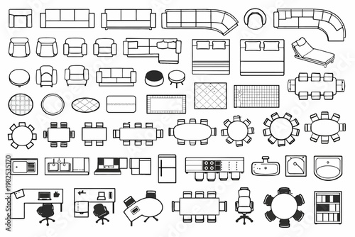Top view architectural furniture symbols set. 2D CAD plan vector icons for interior design and floor plans