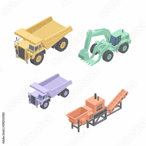 Isometric vector illustration set featuring heavy construction and mining machinery: large dump trucks, excavator, and crushing plant.
