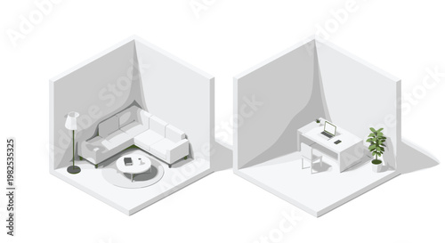 Dual isometric room interiors featuring a cozy living area with a sofa and a functional workspace with a desk in a clean grayscale architectural concept.