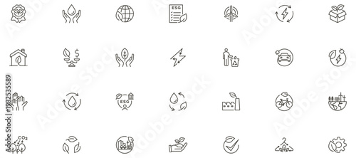 Environmental responsibility icon set. Sustainability, eco-friendly, green energy, recycling, carbon footprint, renewable resources, conservation icons. Thin line editable stroke vector illustrations